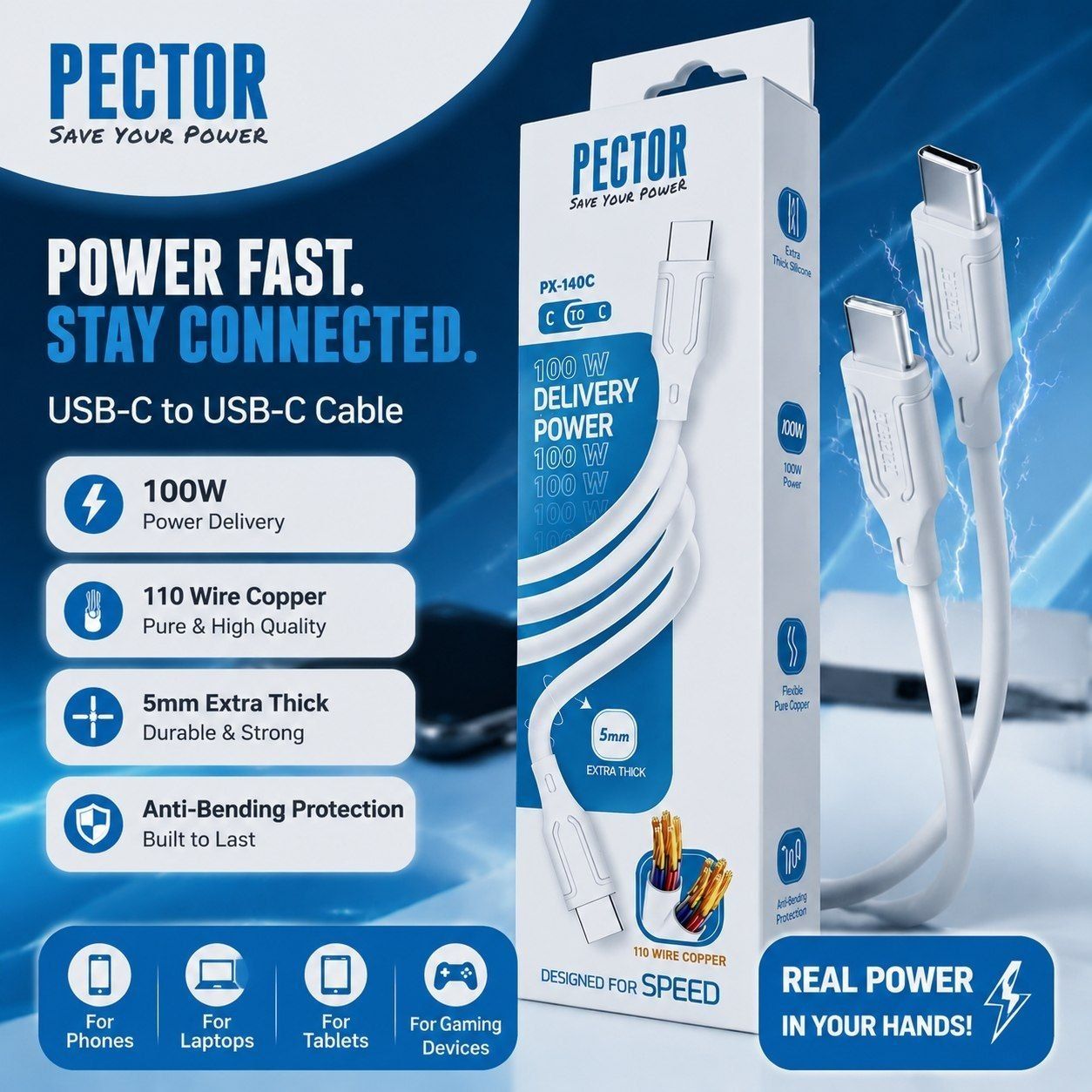 کابل پاور بانکی دو سر  TYPE C  PECTOR جنس سیلیکونی